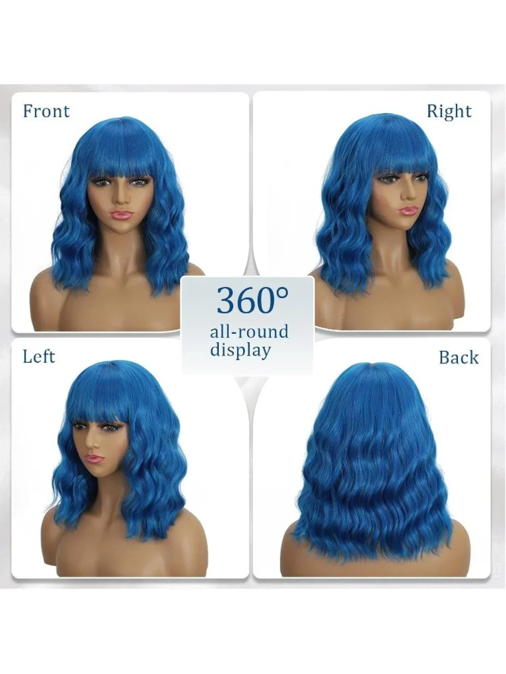 Women's Dark Blue 14 Inch Heat Resistant Synthetic Short Wavy Bob Wigs Bangs